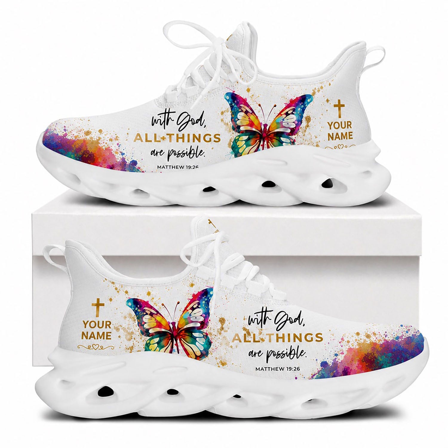 Side view of Custom Name Matthew 19:26 Max Soul Shoes with white sole featuring watercolor butterfly and rainbow paint splatters