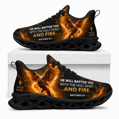 Side view of Custom Name Matthew 3 11 Baptize You With Fire Max Soul Shoes in black sole showing the personalizable text panel