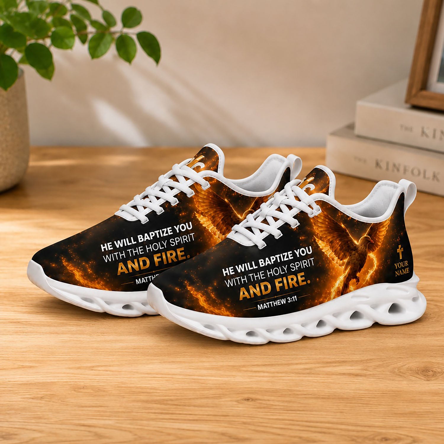 Lifestyle display of Custom Name Matthew 3 11 Baptize You With Fire Max Soul shoes with white soles styled on a wooden table