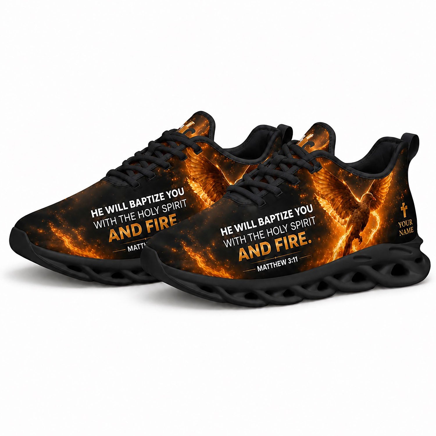 Pair of Christian holy spirit sneakers featuring a dramatic blazing fire canvas print with dynamic black traction soles