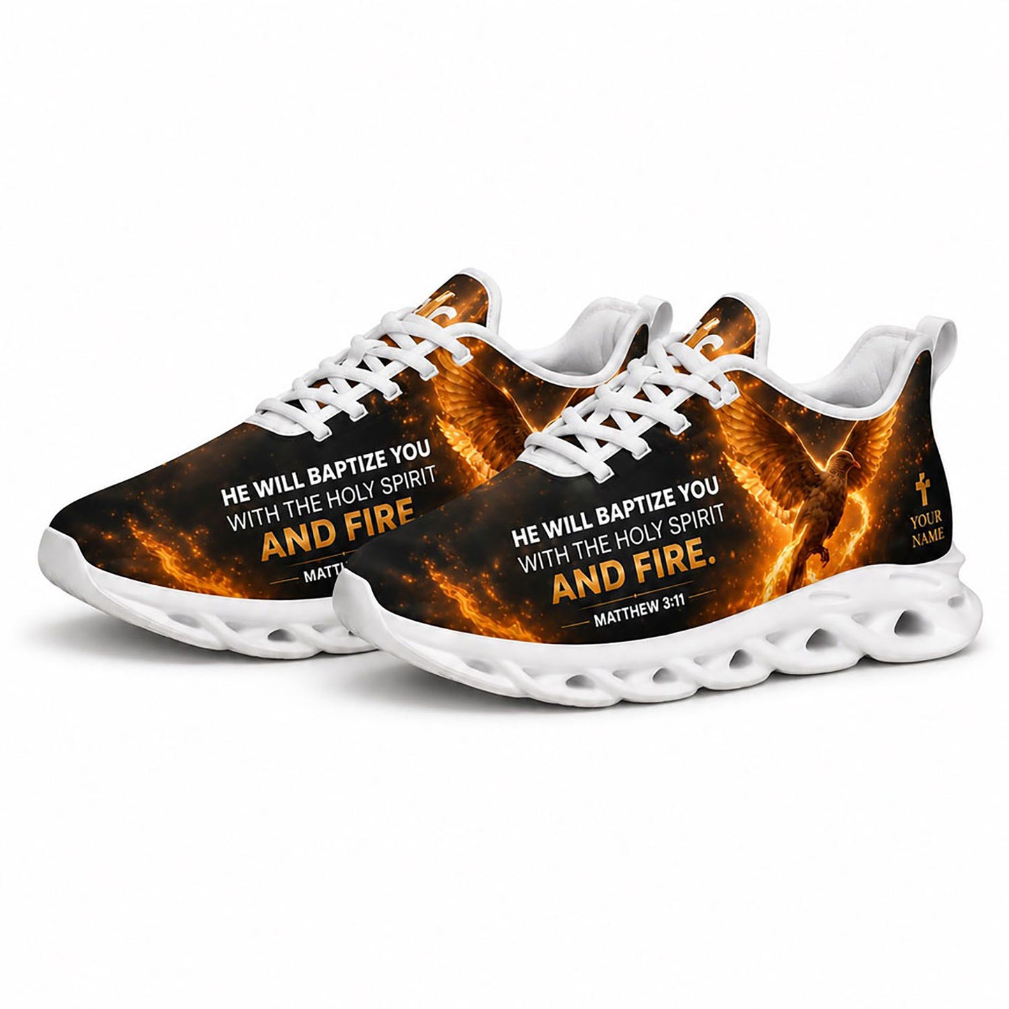 Angled pair of Christian holy spirit sneakers with golden lightning embers and Matthew 3:11 scripture on white soles