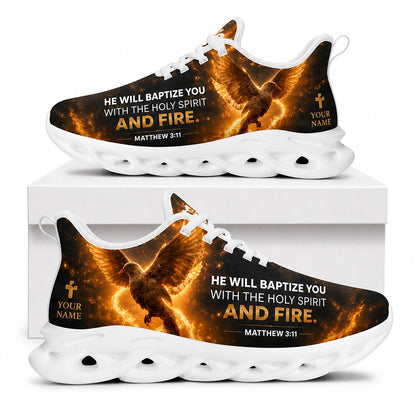 Side view of Custom Name Matthew 3 11 Baptize You With Fire Max Soul Shoes on white soles featuring a fiery holy spirit dove graphic