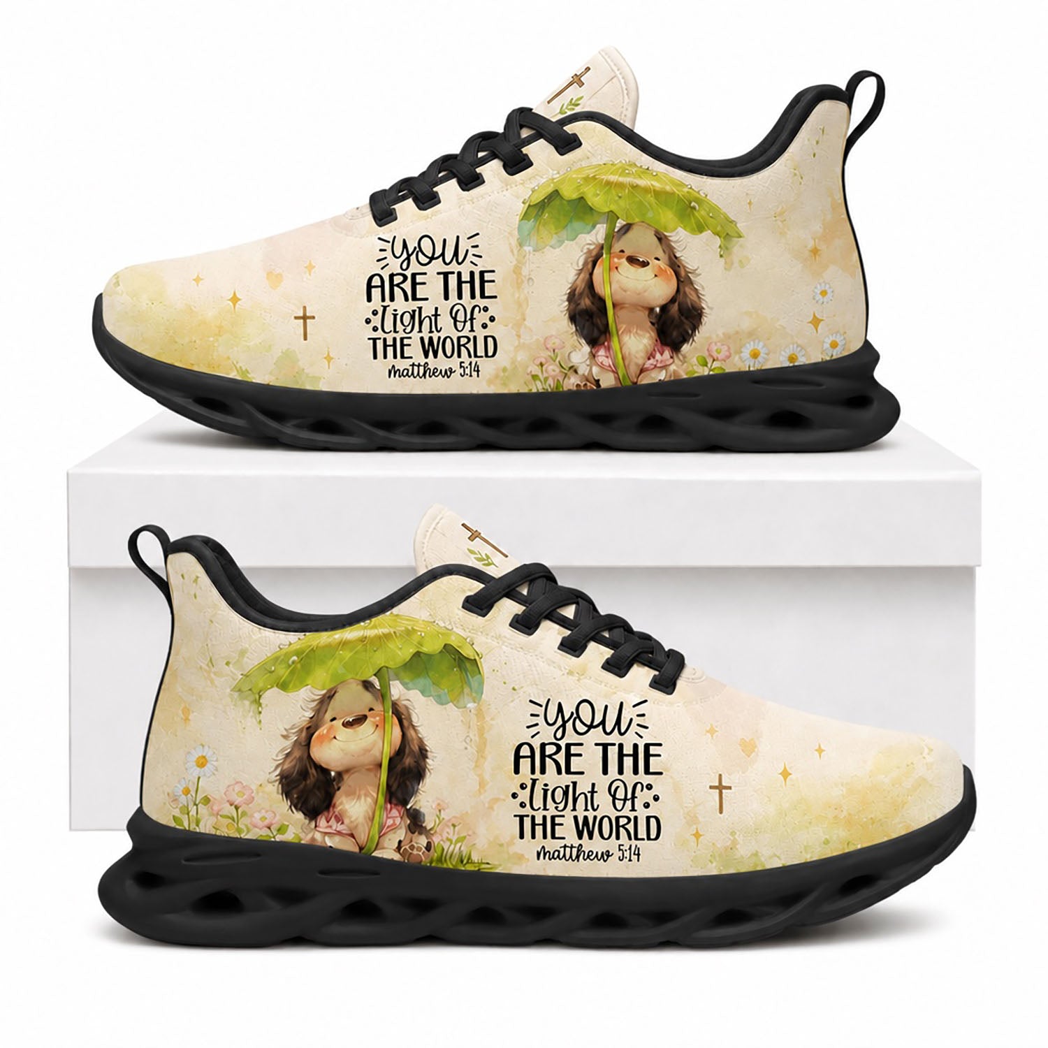 Side profile of Custom Name Matthew 5:14 Max Soul Shoes with black soles showing the stylized scripture and cross art