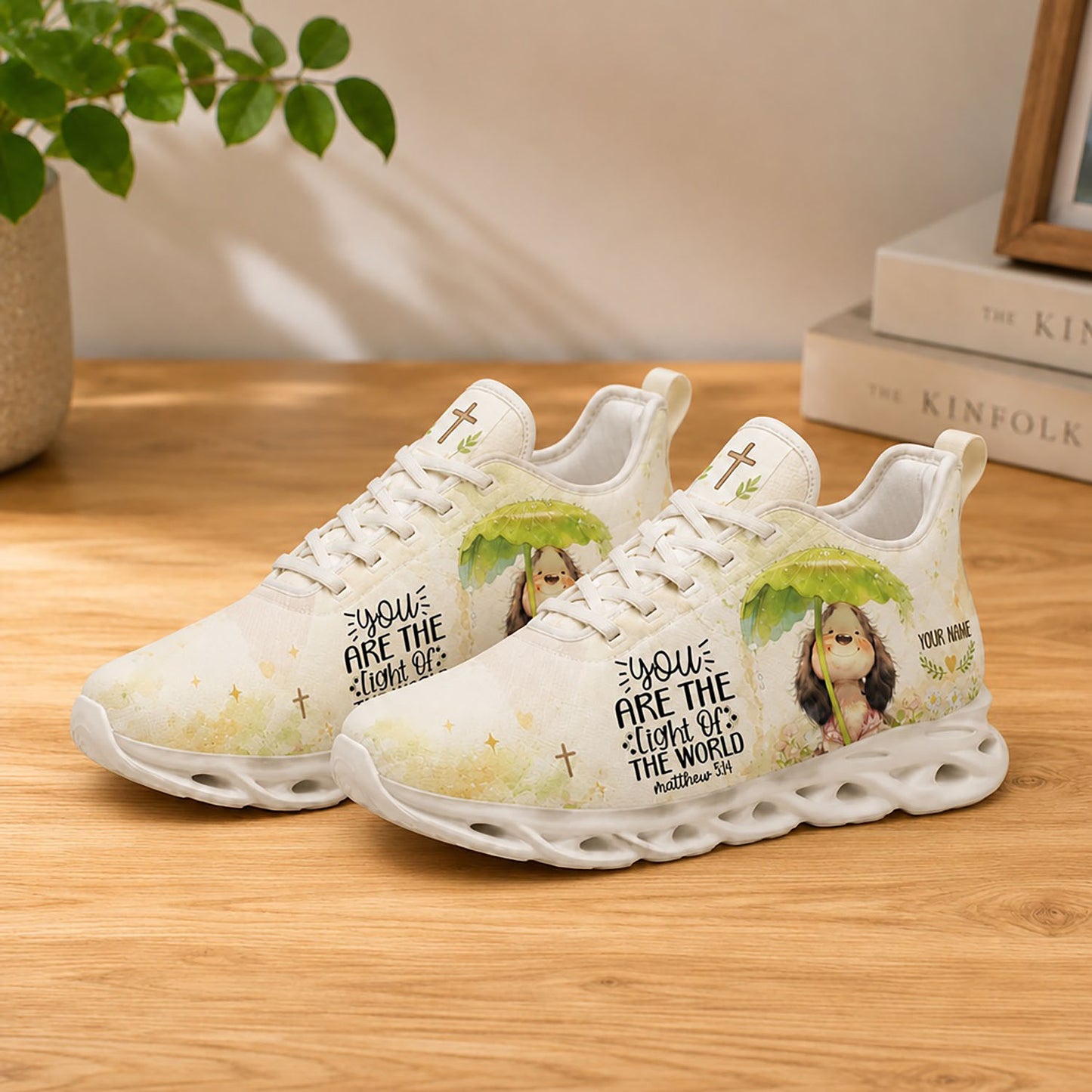 Lifestyle product photography of Custom Name Matthew 5:14 Max Soul shoes with white soles styled on a wooden table
