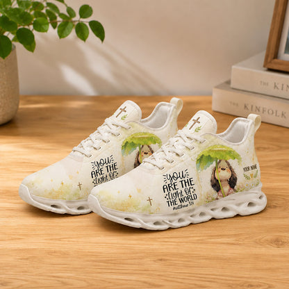 Lifestyle product photography of Custom Name Matthew 5:14 Max Soul shoes with white soles styled on a wooden table