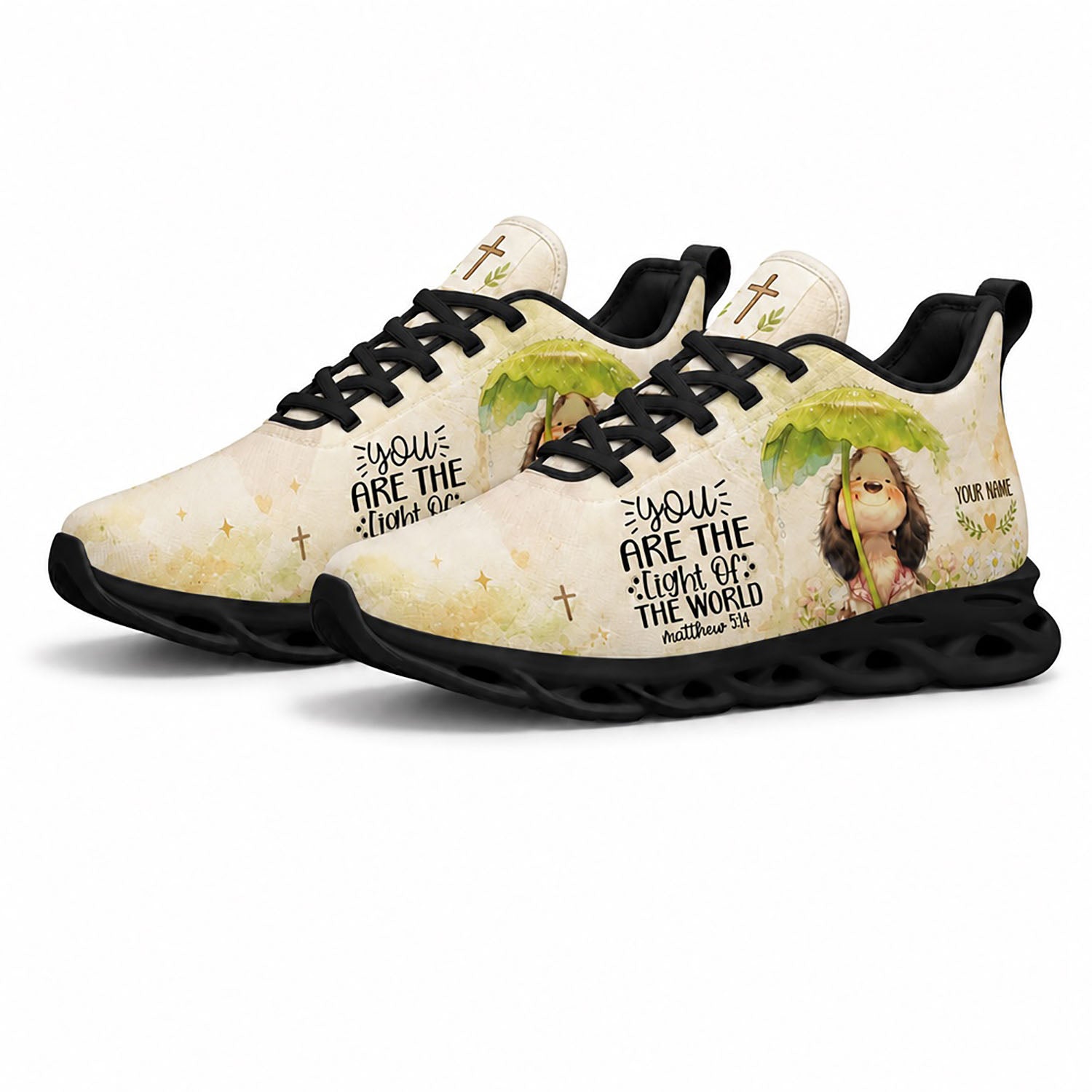 Pair of cream Christian sneakers featuring an illustrated dog and floral meadow scene with dynamic black soles