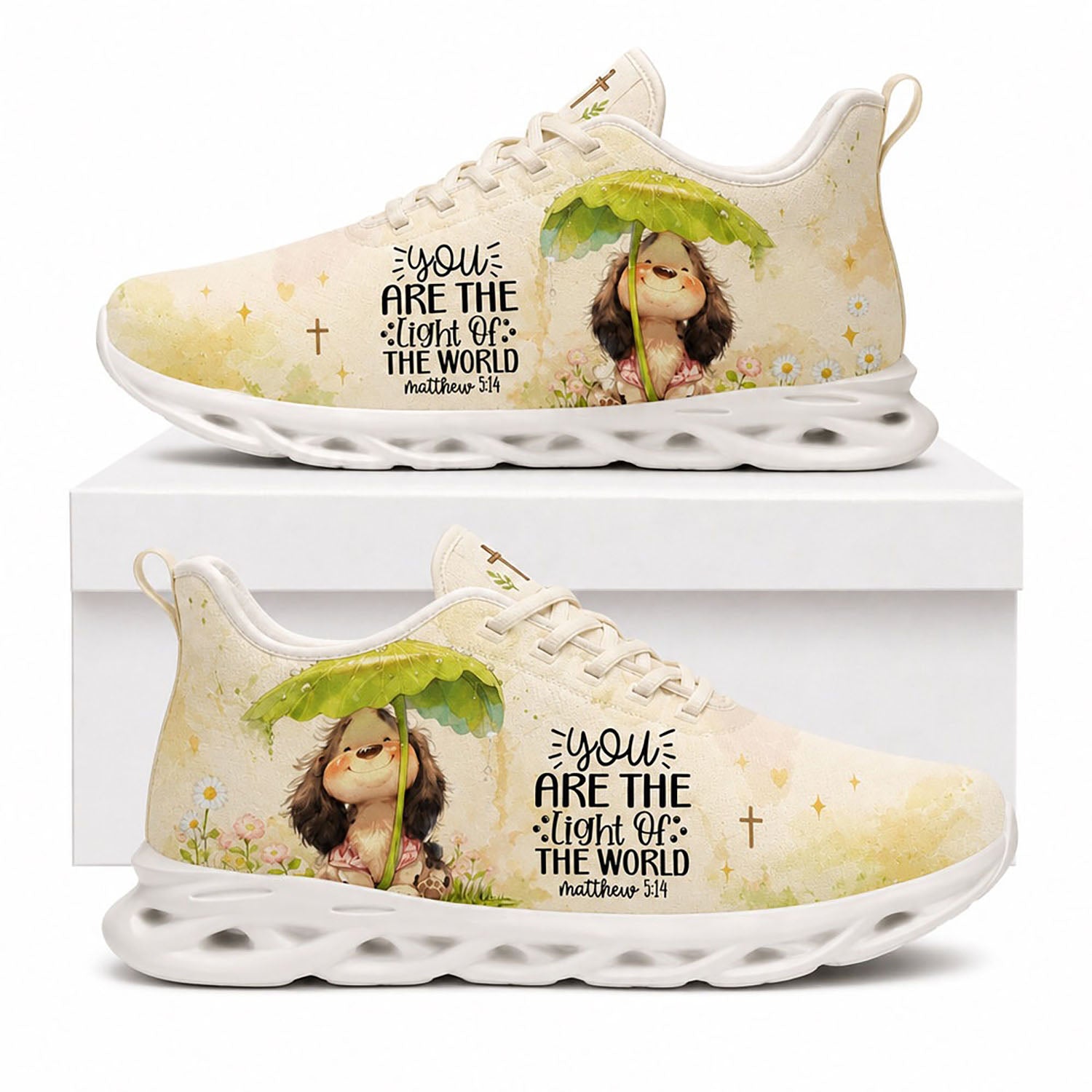 Side profile of Custom Name Matthew 5:14 Max Soul Shoes on white soles featuring a cute dog under a leaf umbrella