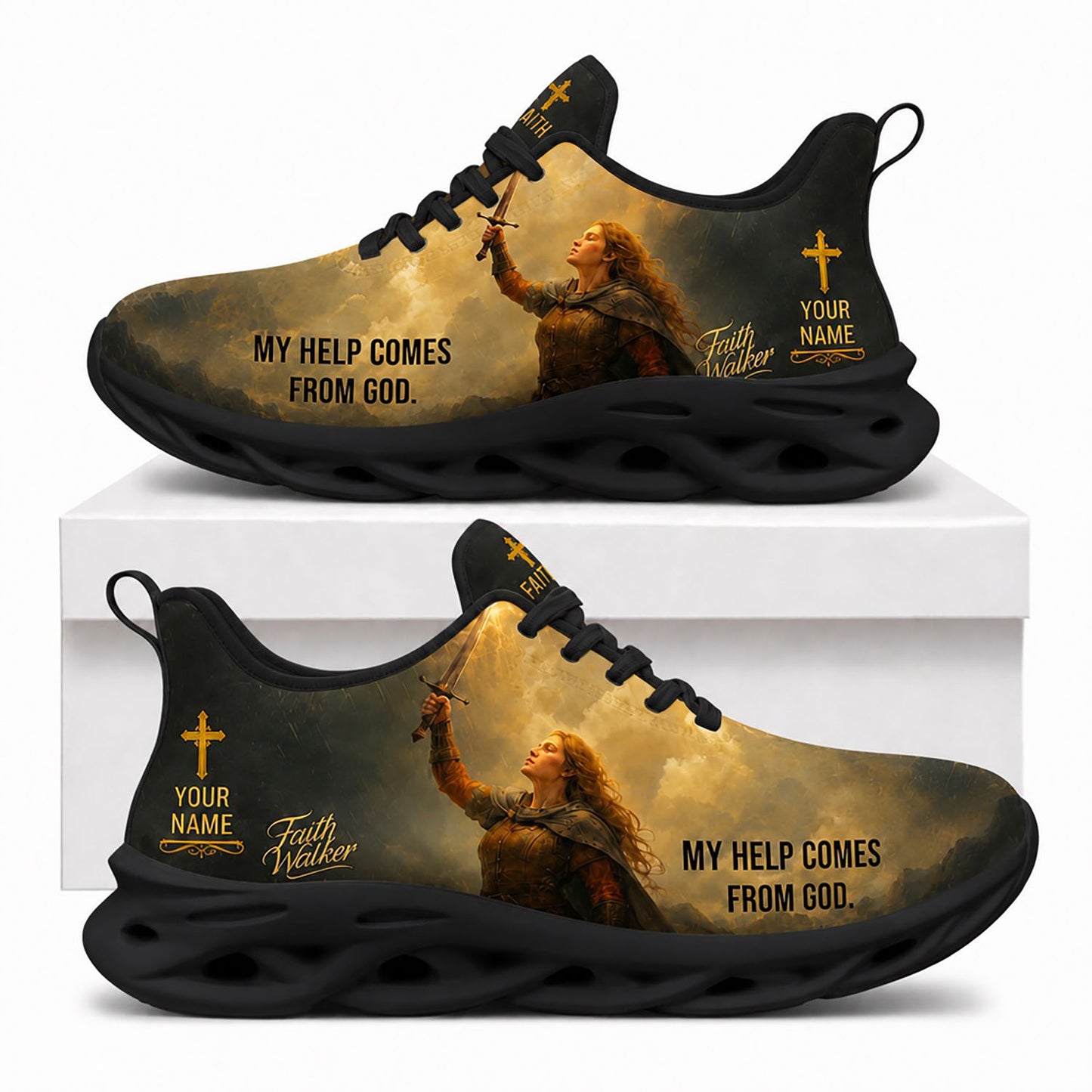 Side view of Custom Name My Help Comes From God Max Soul Shoes in black sole showing the custom name engraving area