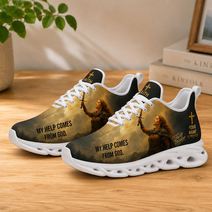 Lifestyle display of Custom Name My Help Comes From God Max Soul shoes with white soles styled on a light wooden table
