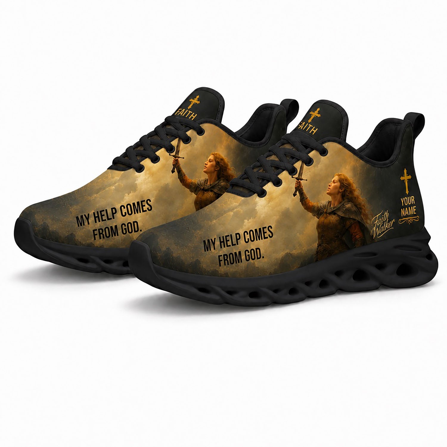 Pair of Faith Walker sneakers featuring a majestic cinematic oil painting print with dynamic black soles