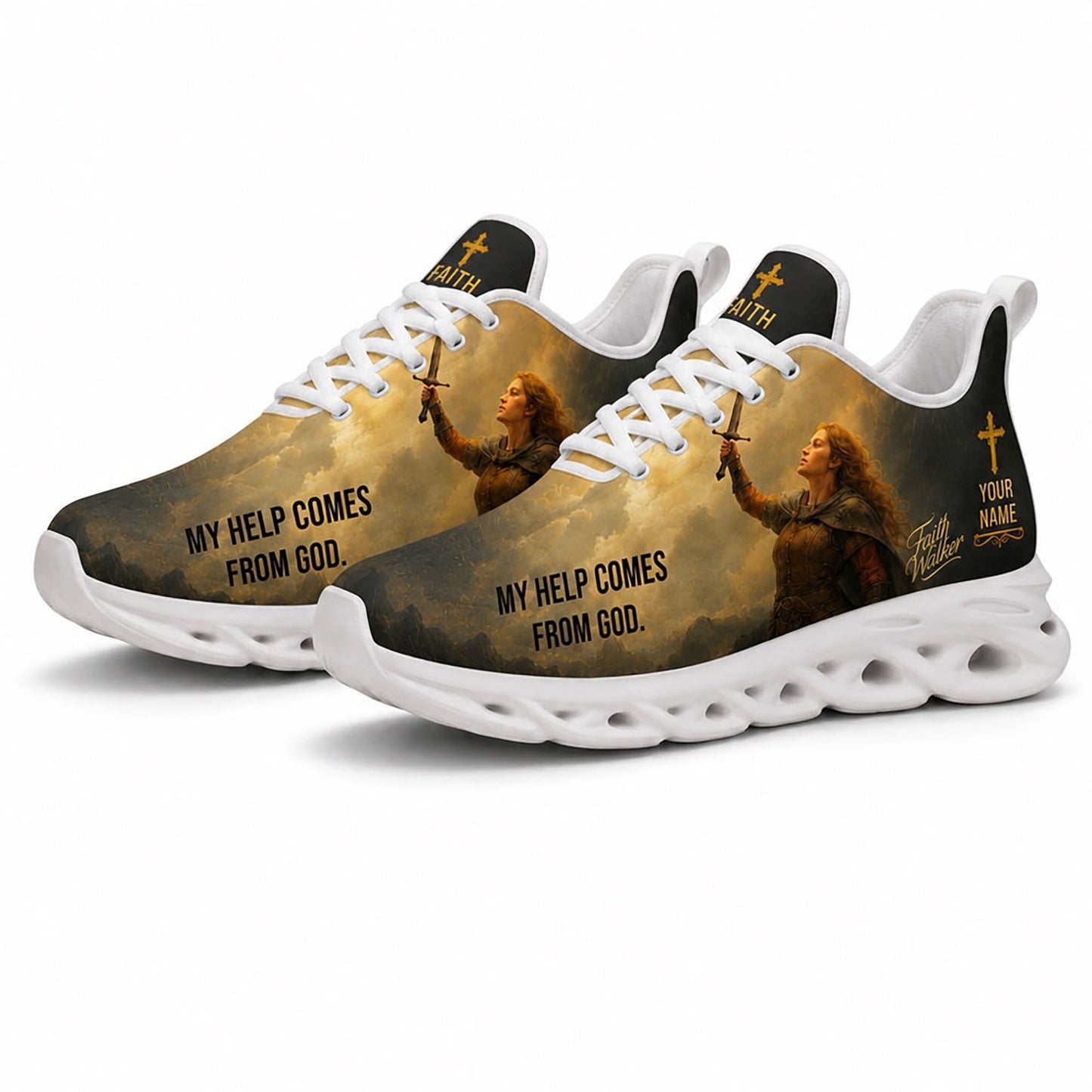Angled pair of Faith Walker sneakers with religious warrior graphic and holy cross on white soles