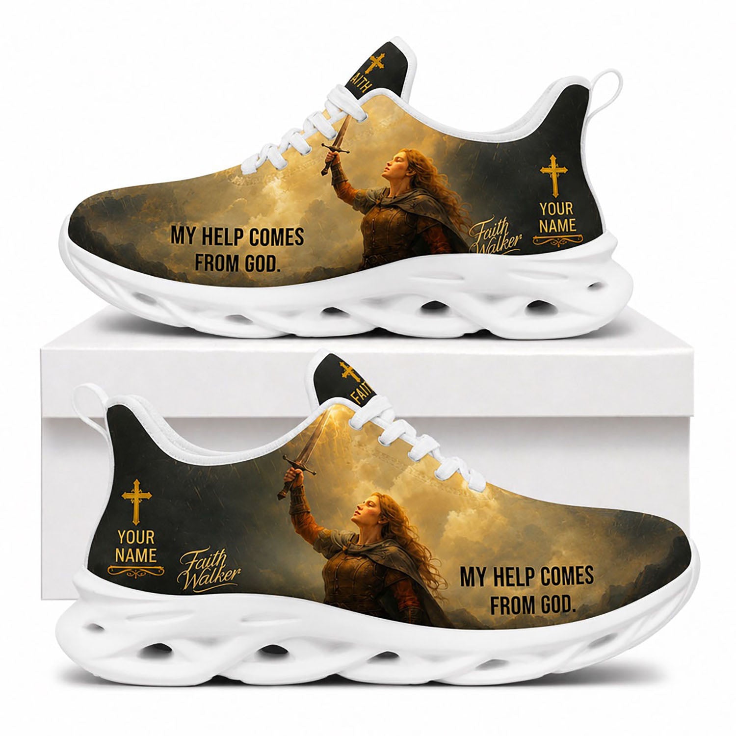Side view of Custom Name My Help Comes From God Max Soul Shoes in white sole featuring a female warrior holding a sword