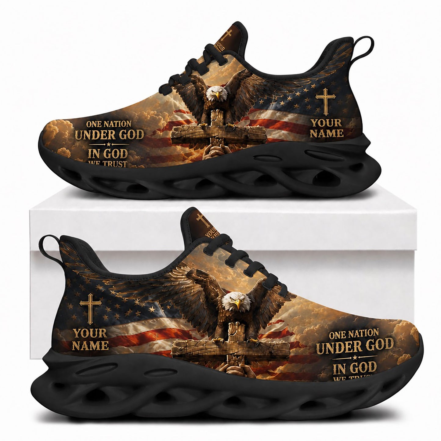 Side profile of Custom Name One Nation Under God Max Soul Shoes in black sole showing the personalizable name text zone