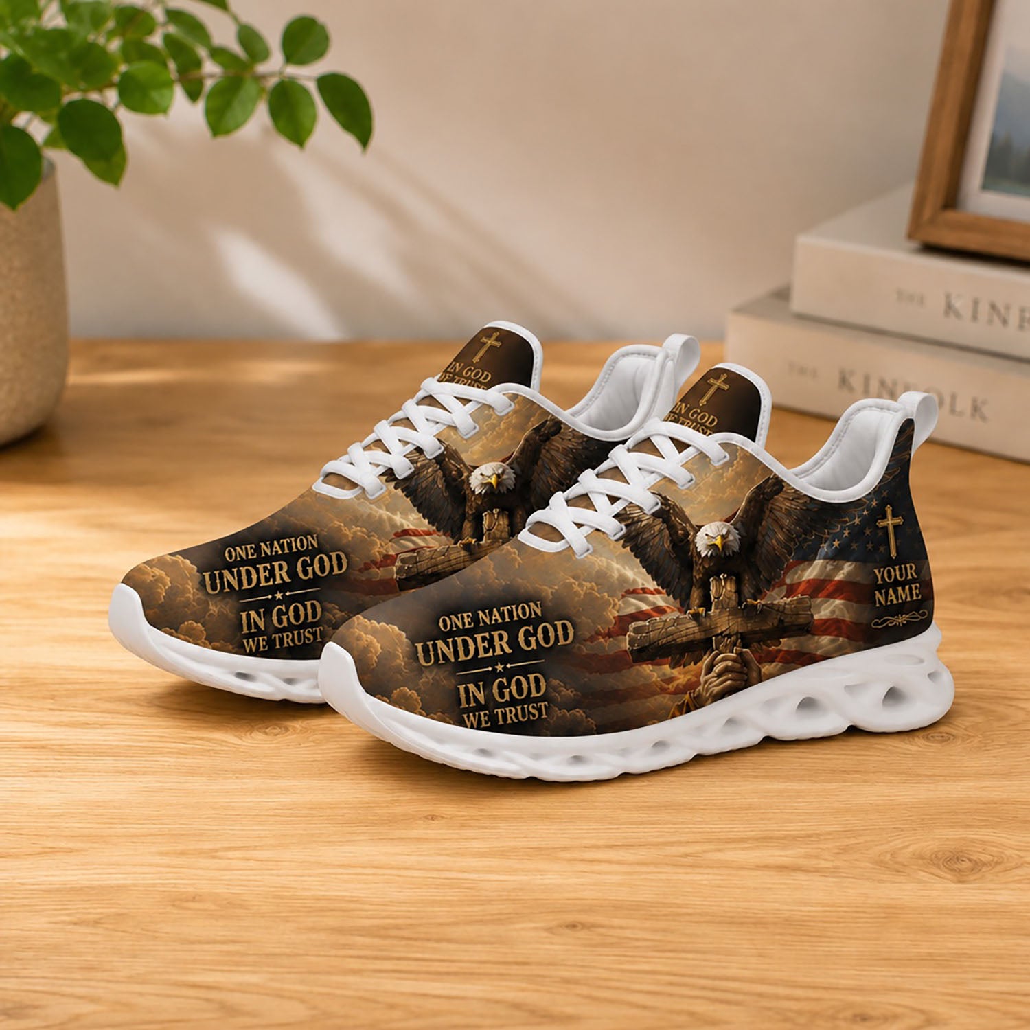 Lifestyle product photography of Custom Name One Nation Under God Max Soul shoes with white soles styled on a wooden table