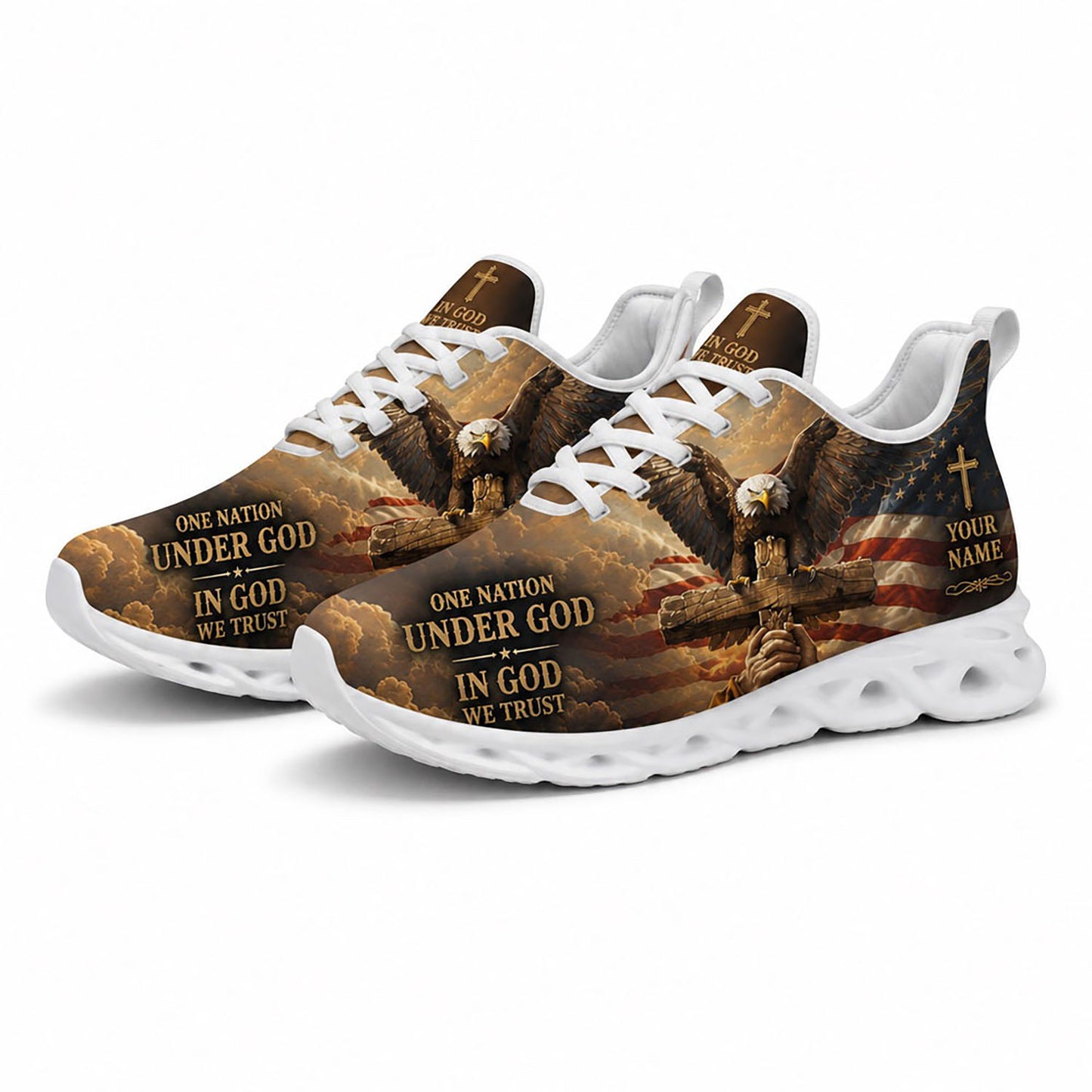 Angled pair of patriotic Christian sneakers with dramatic sky clouds and custom name text fields on clean white soles