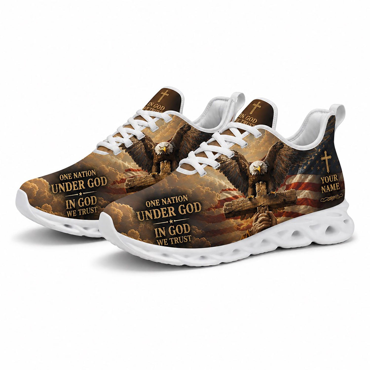 Angled pair of patriotic Christian sneakers with dramatic sky clouds and custom name text fields on clean white soles