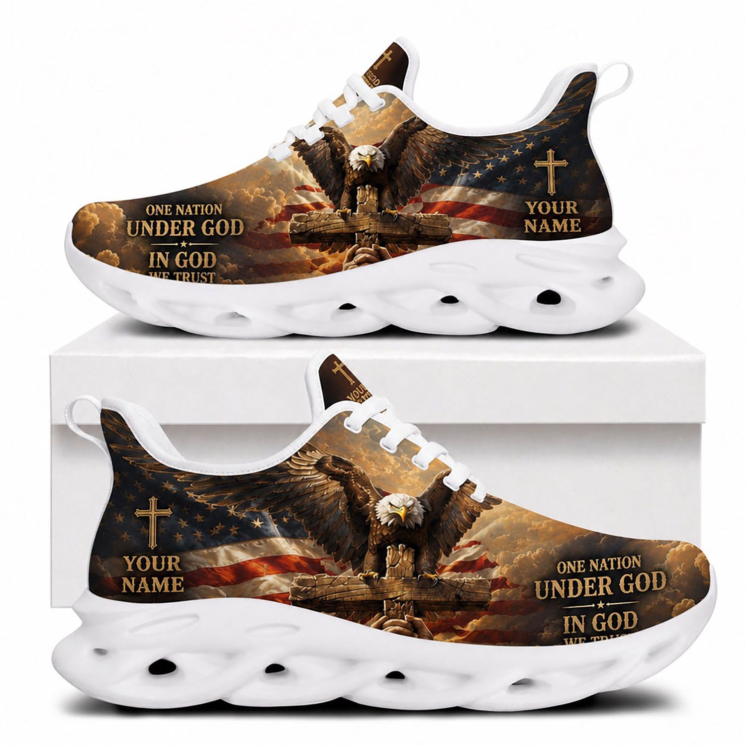 Side profile of Custom Name One Nation Under God Max Soul Shoes on white soles featuring a bald eagle on a wooden cross with the US flag
