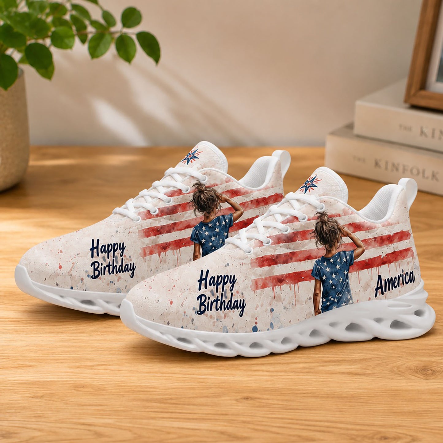Lifestyle display of Custom Name Patriotic America Max Soul shoes with white soles styled on a warm tone wooden table