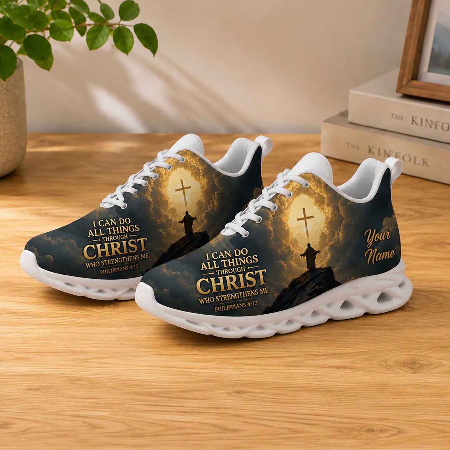 Lifestyle display of Custom Name Philippians 4 13 Max Soul shoes with white soles styled on a warm tone wooden table
