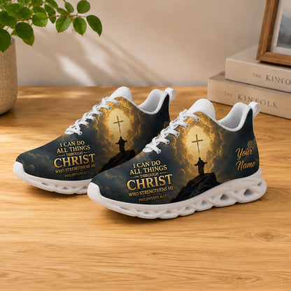 Lifestyle display of Custom Name Philippians 4 13 Max Soul shoes with white soles styled on a warm tone wooden table