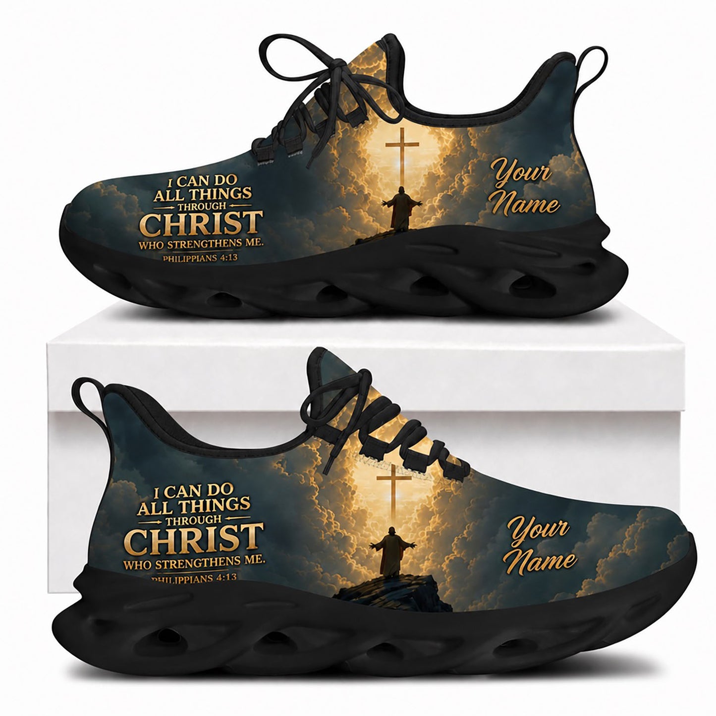Side view of Custom Name Philippians 4 13 Strengthens Me Max Soul Shoes in black sole showing the custom name field