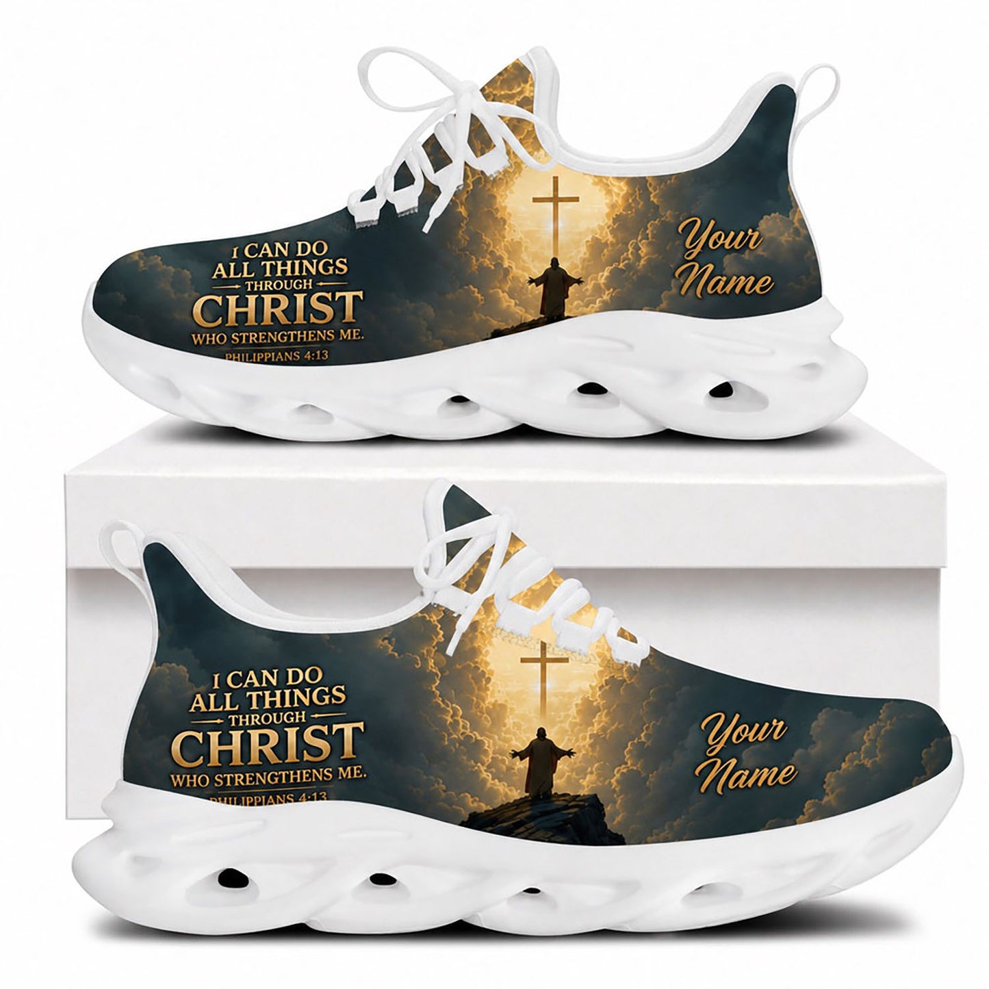 Side view of Custom Name Philippians 4 13 Strengthens Me Max Soul Shoes in white sole featuring holy cross design