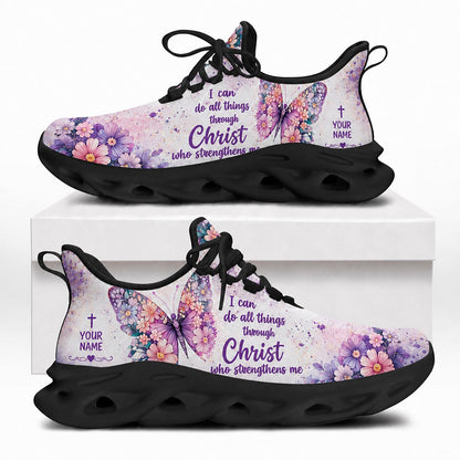 Side view of Custom Name Philippians 4 13 Through Christ Strengthens Me Max Soul Shoes in black sole showing the custom name area