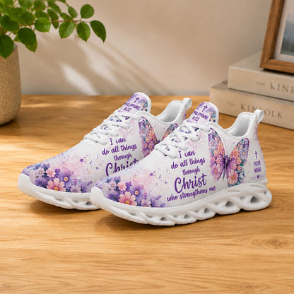 Lifestyle display of Custom Name Philippians 4 13 Through Christ Strengthens Me Max Soul shoes with white soles styled on a wooden table