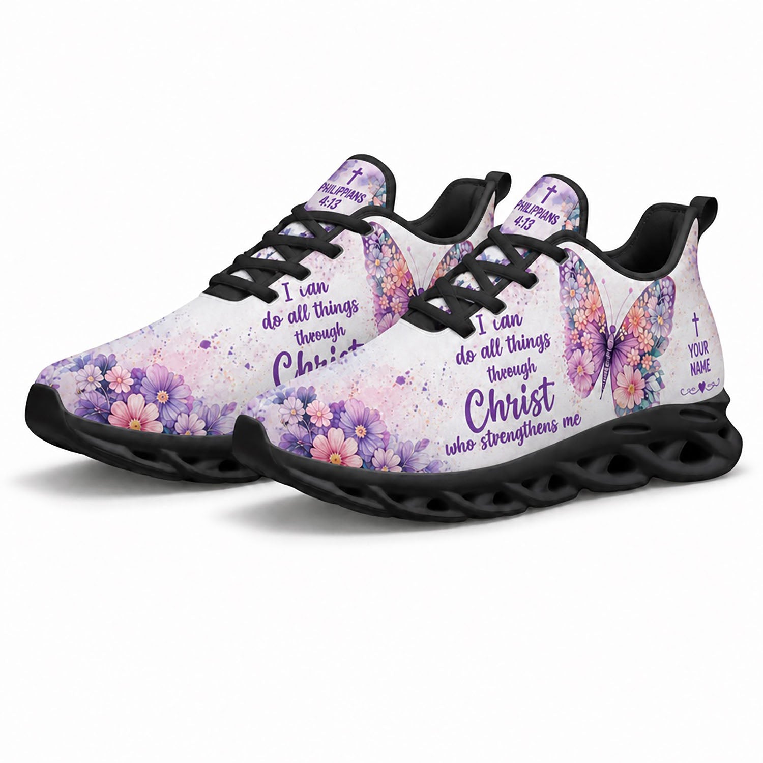 Pair of purple floral sneakers featuring a dynamic scriptural canvas print with black soles