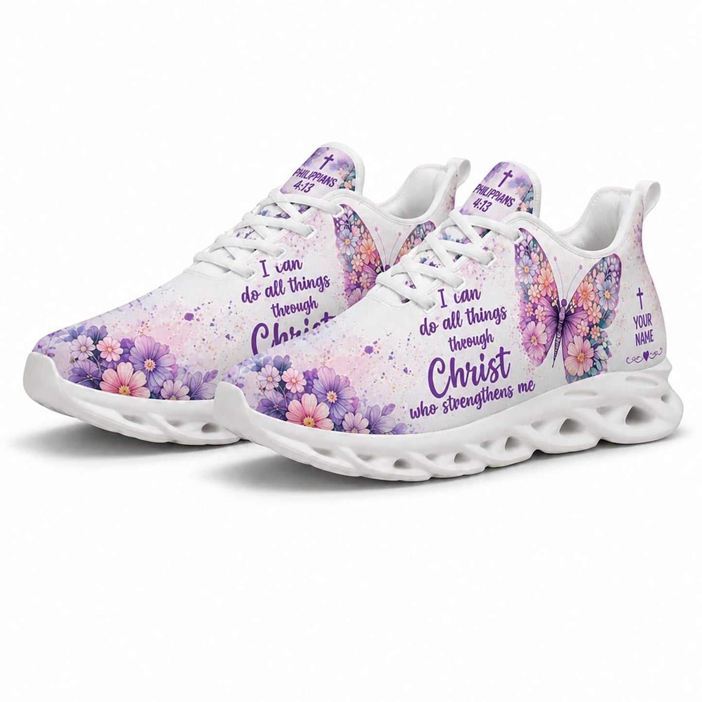 Angled pair of purple floral sneakers with pastel color splashes and Philippians 4 13 scripture on white soles