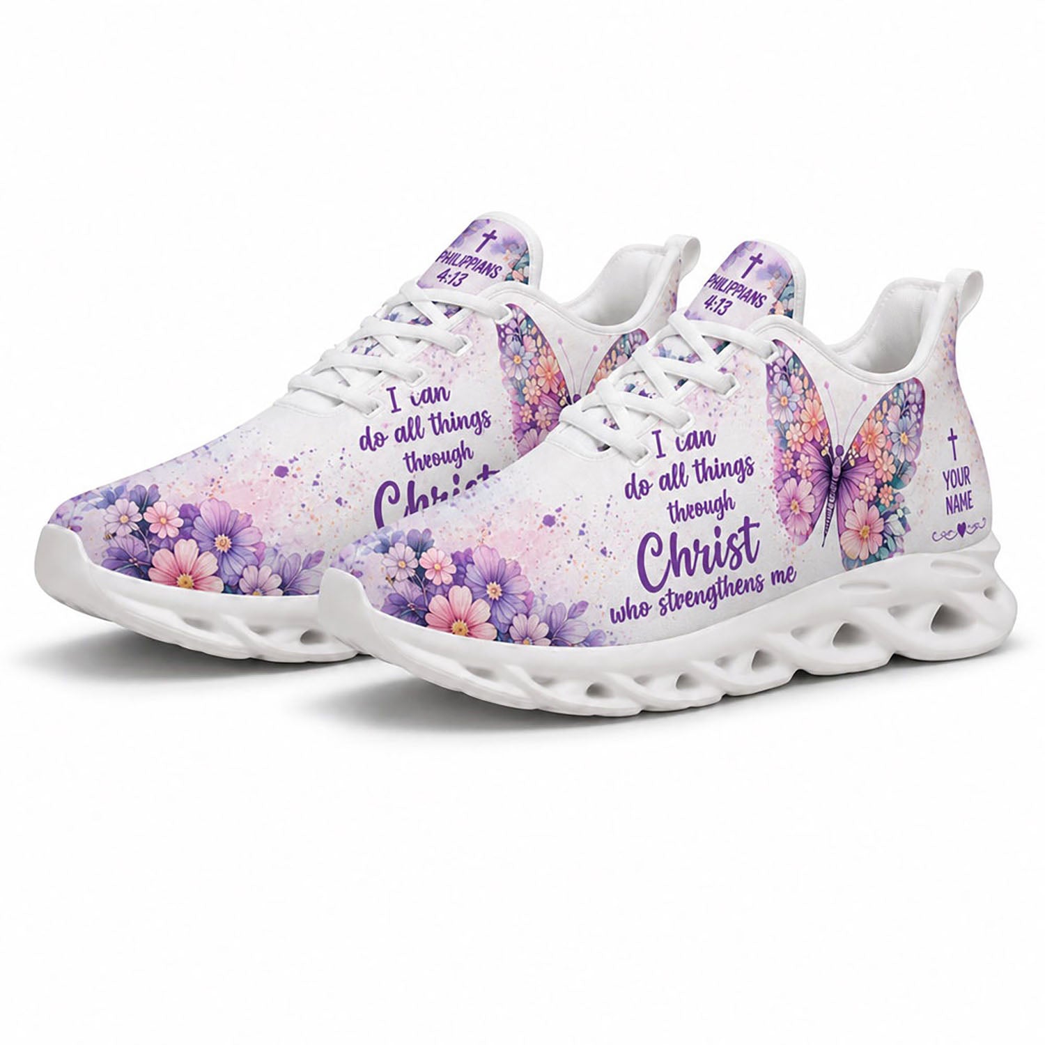 Angled pair of purple floral sneakers with pastel color splashes and Philippians 4 13 scripture on white soles