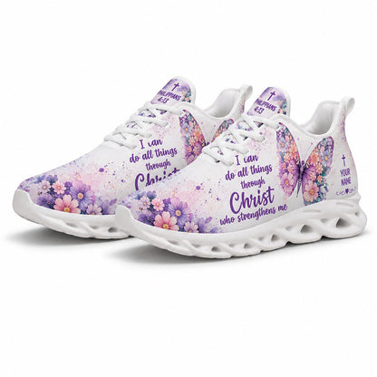 Angled pair of purple floral sneakers with pastel color splashes and Philippians 4 13 scripture on white soles