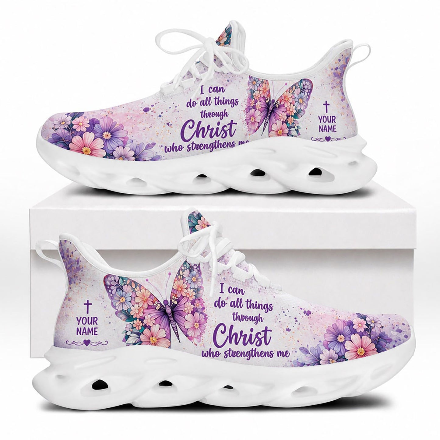 Side view of Custom Name Philippians 4 13 Through Christ Strengthens Me Max Soul Shoes in white sole featuring purple butterfly art