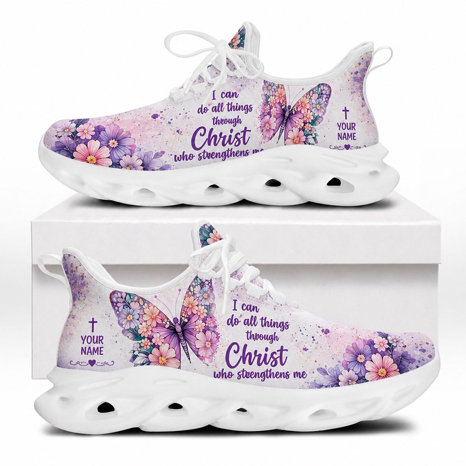 Side view of Custom Name Philippians 4 13 Through Christ Strengthens Me Max Soul Shoes in white sole featuring purple butterfly art