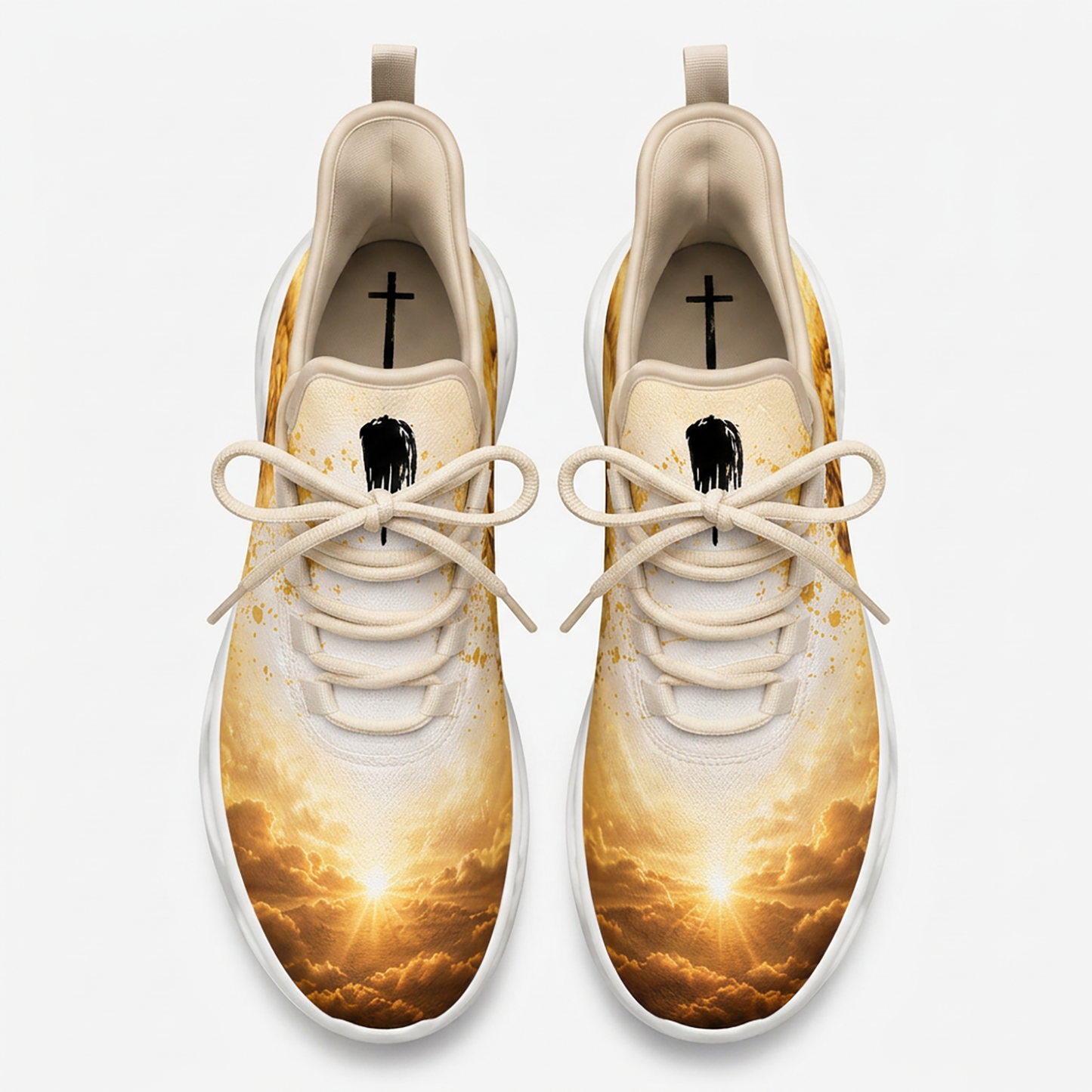 Top-down view of the custom sneakers showcasing the golden sky clouds over the toe box and minimalist cross on the insole