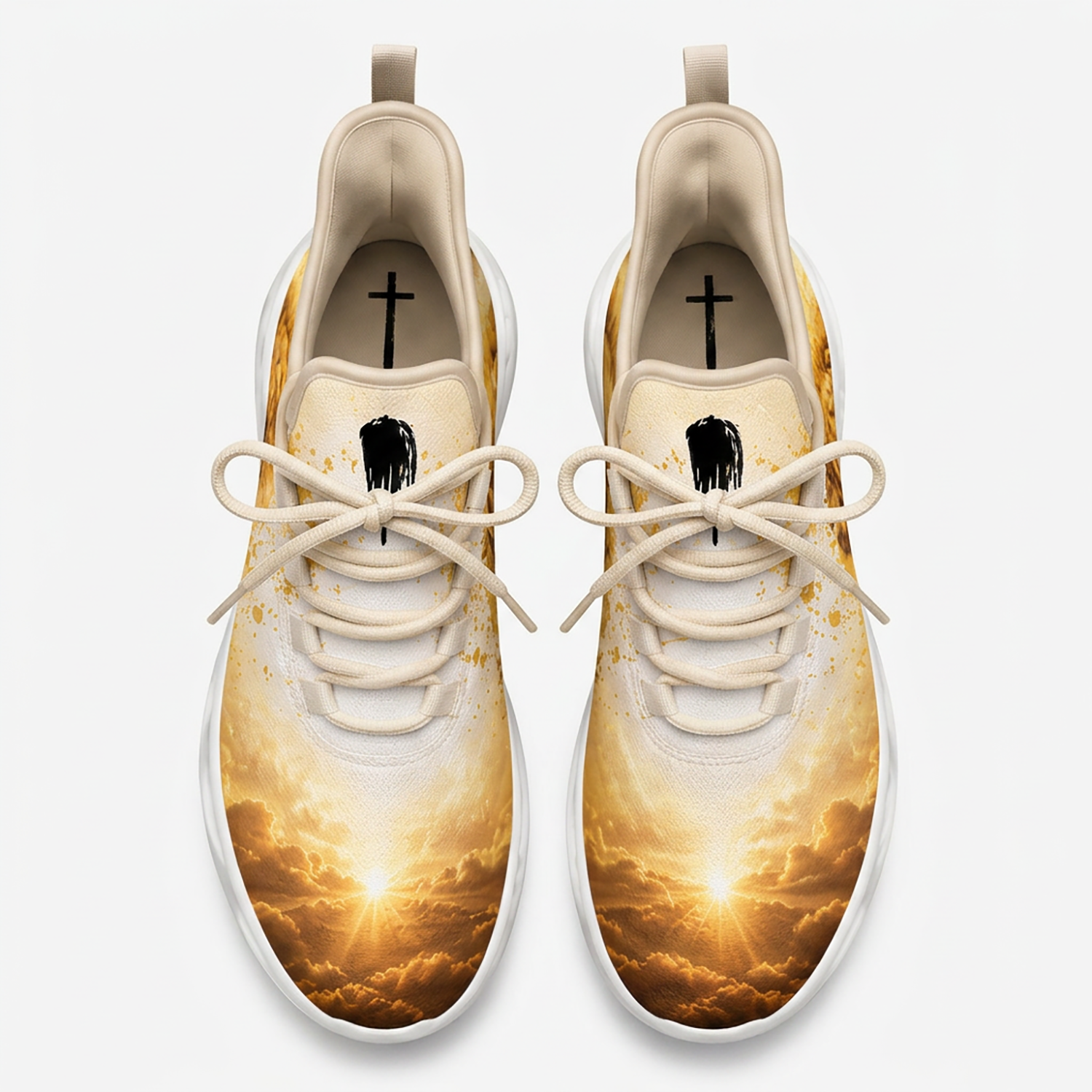 Top-down view of the custom sneakers showcasing the golden sky clouds over the toe box and minimalist cross on the insole