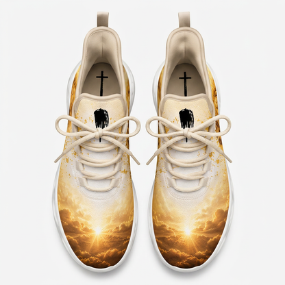 Top-down view of the custom sneakers showcasing the golden sky clouds over the toe box and minimalist cross on the insole