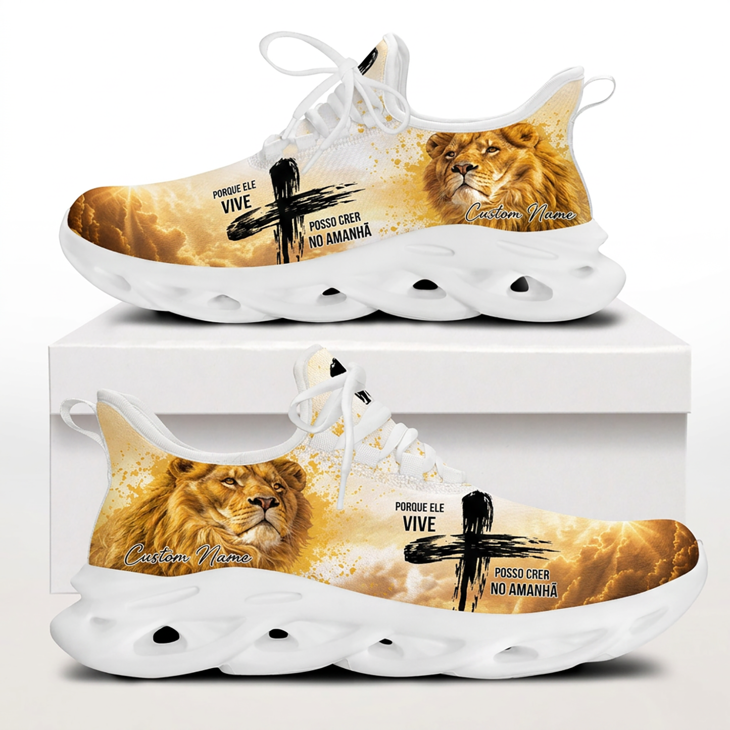 Both sides of Custom Name Porque Ele Vive Max Soul Shoes on white soles with a realistic lion and textured black cross artwork