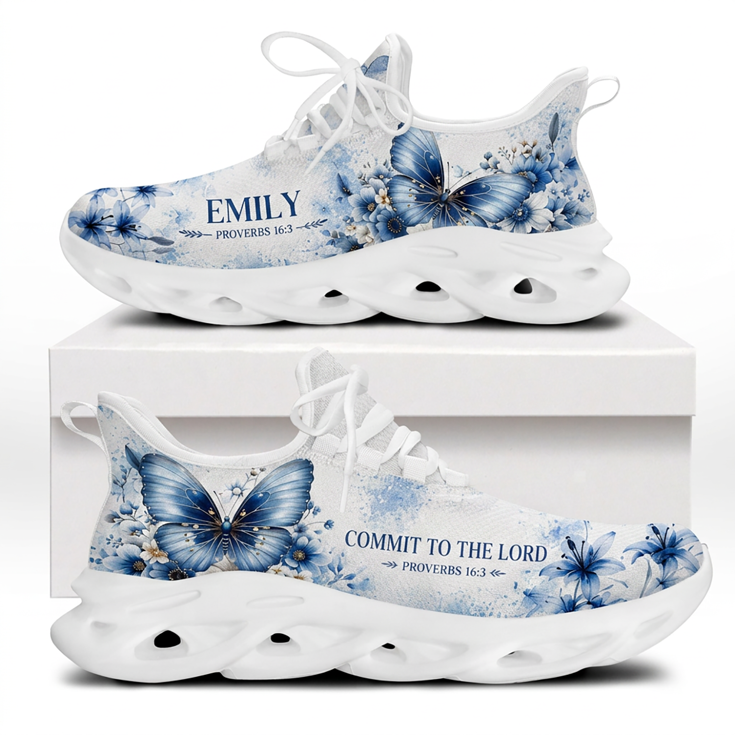 Unboxing perspective of the personalized Proverbs 16:3 Christian shoes inside a cardboard box