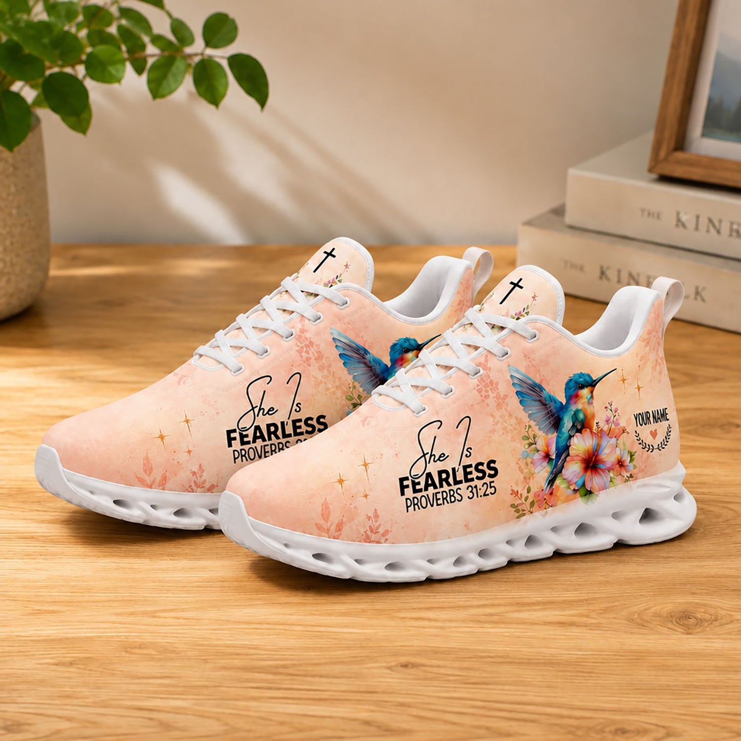 Lifestyle display of Custom Name Proverbs 31 25 Max Soul shoes with white soles styled on a modern wooden table