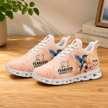 Lifestyle display of Custom Name Proverbs 31 25 Max Soul shoes with white soles styled on a modern wooden table