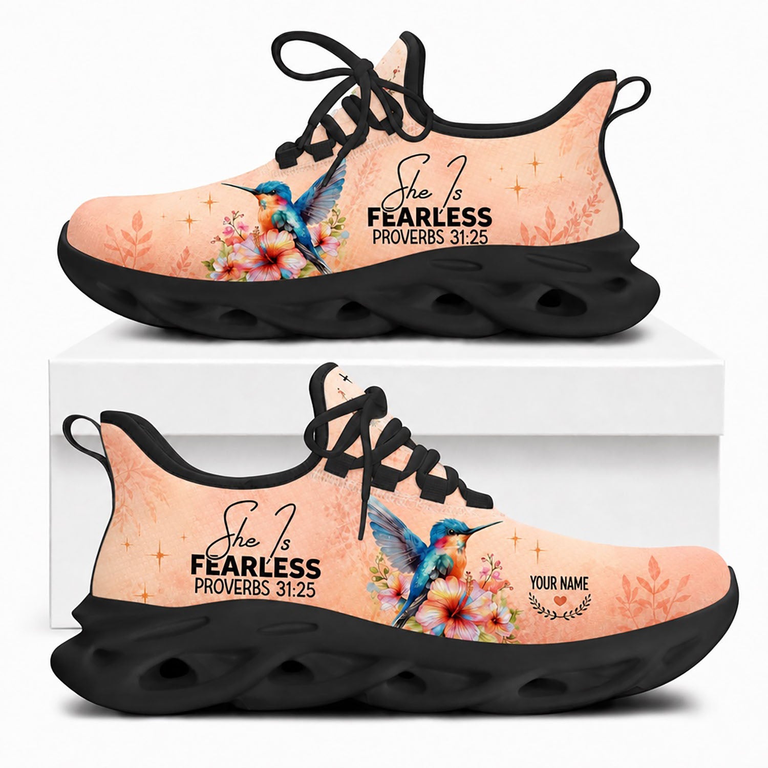 Side view of Custom Name Proverbs 31 25 She Is Fearless Max Soul Shoes in black sole showing custom text area