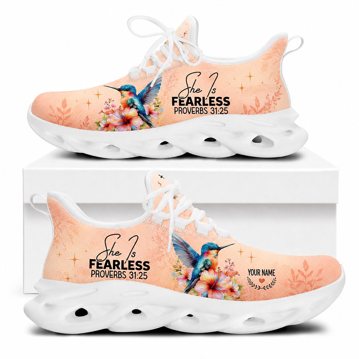 Side view of Custom Name Proverbs 31 25 She Is Fearless Max Soul Shoes in white sole featuring hummingbird design