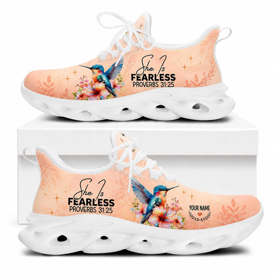 Side view of Custom Name Proverbs 31 25 She Is Fearless Max Soul Shoes in white sole featuring hummingbird design