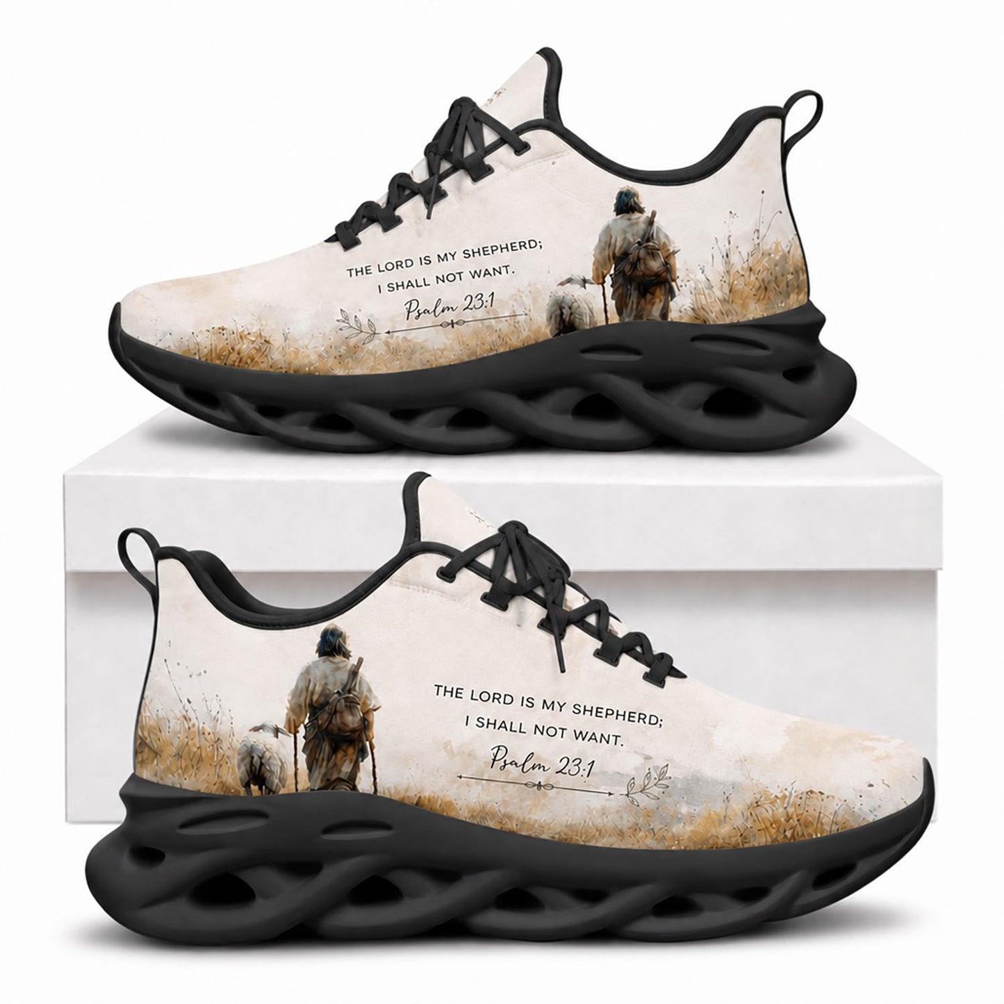 Side view of Custom Name Psalm 23 1 The Lord Is My Shepherd Max Soul Shoes in black sole showing custom text customization
