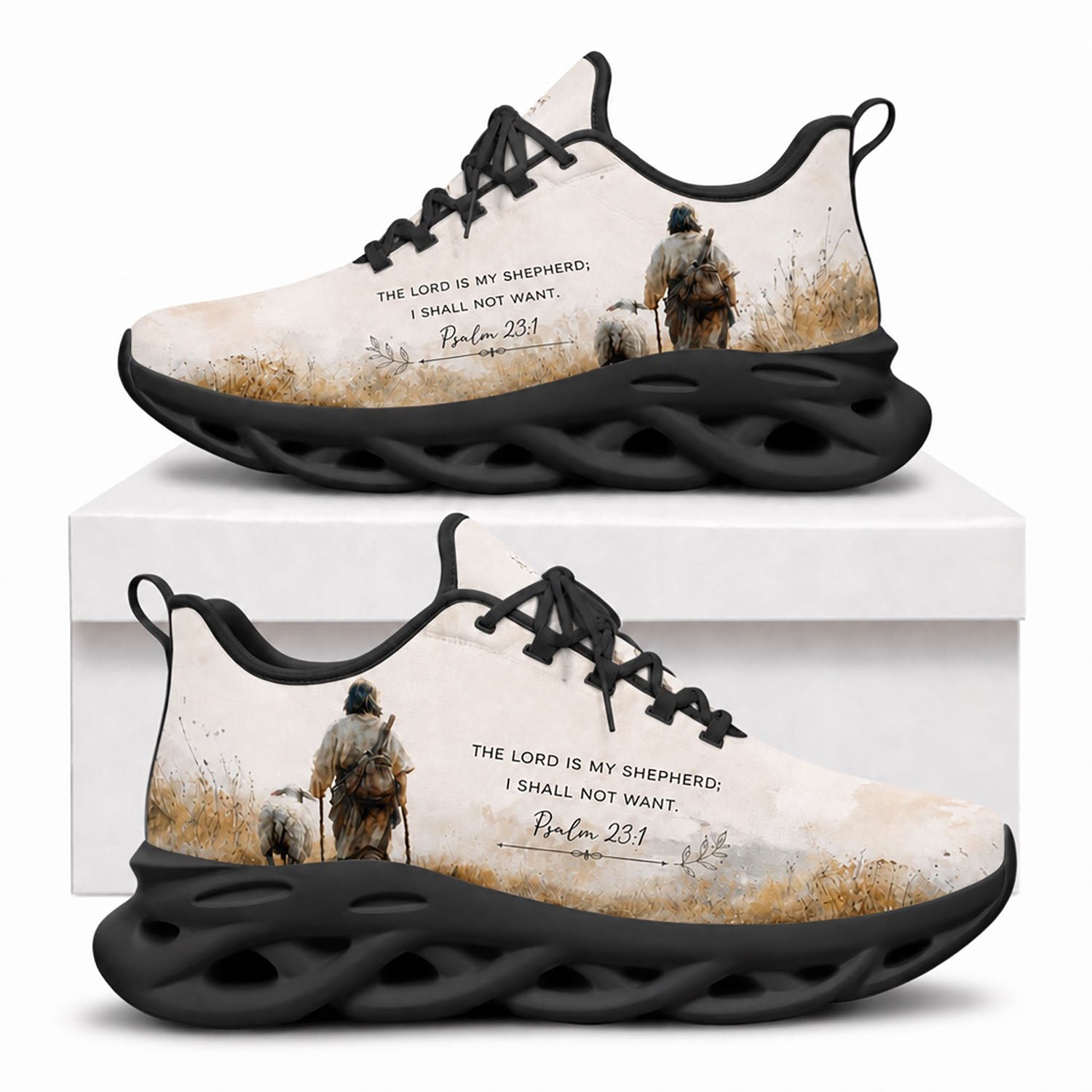 Side view of Custom Name Psalm 23 1 The Lord Is My Shepherd Max Soul Shoes in black sole showing custom text customization
