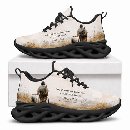 Side view of Custom Name Psalm 23 1 The Lord Is My Shepherd Max Soul Shoes in black sole showing custom text customization