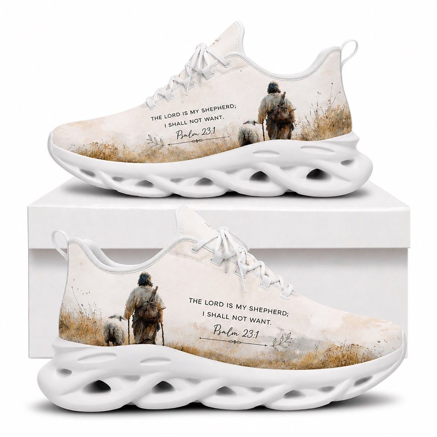 Side view of Custom Name Psalm 23 1 The Lord Is My Shepherd Max Soul Shoes in white sole featuring personalized text area