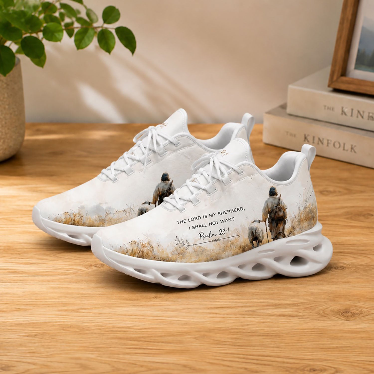Lifestyle display of Custom Name Psalm 23 1 Max Soul shoes with white soles styled on a warm tone wooden table