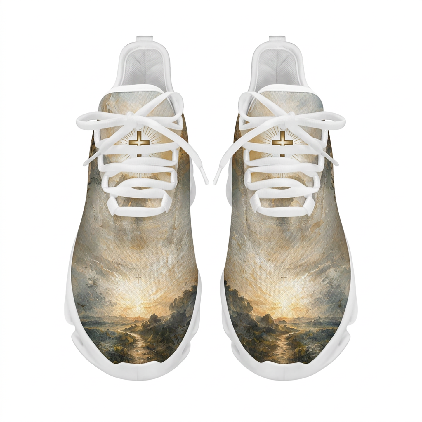 Top-down view of the custom sneakers showcasing a golden sunlit pathway on the toe box and a radiant cross on the tongue